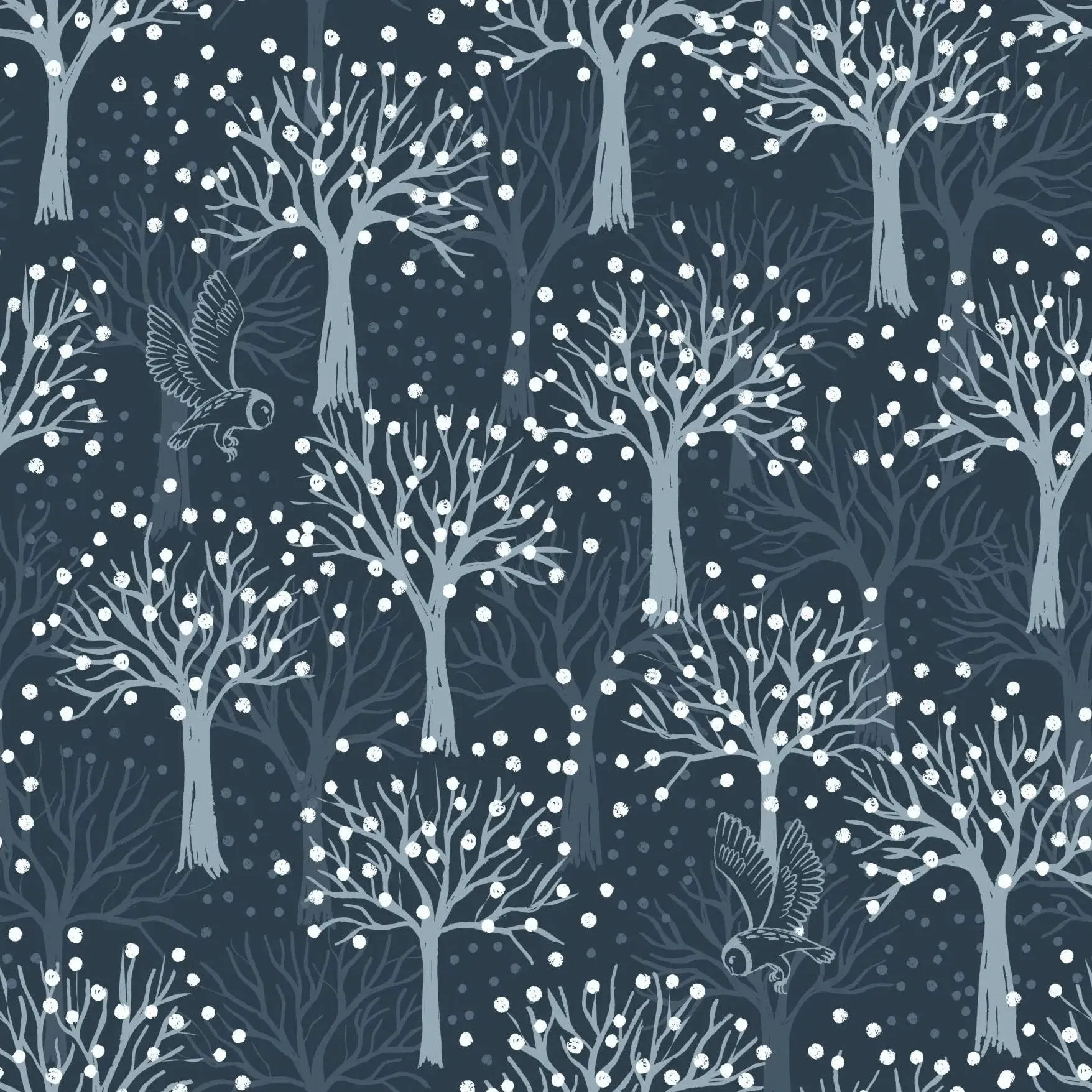 Lewis & Irene The Secret Winter Garden - Owl Orchard Dark Blue (metallic)  - 100% Cotton Fabric