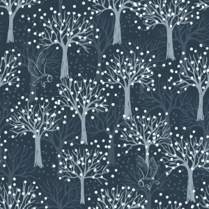 Lewis & Irene The Secret Winter Garden - Owl Orchard Dark Blue (metallic)  - 100% Cotton Fabric