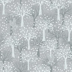 Lewis & Irene The Secret Winter Garden - Owl Orchard Light Grey (metallic)  - 100% Cotton Fabric