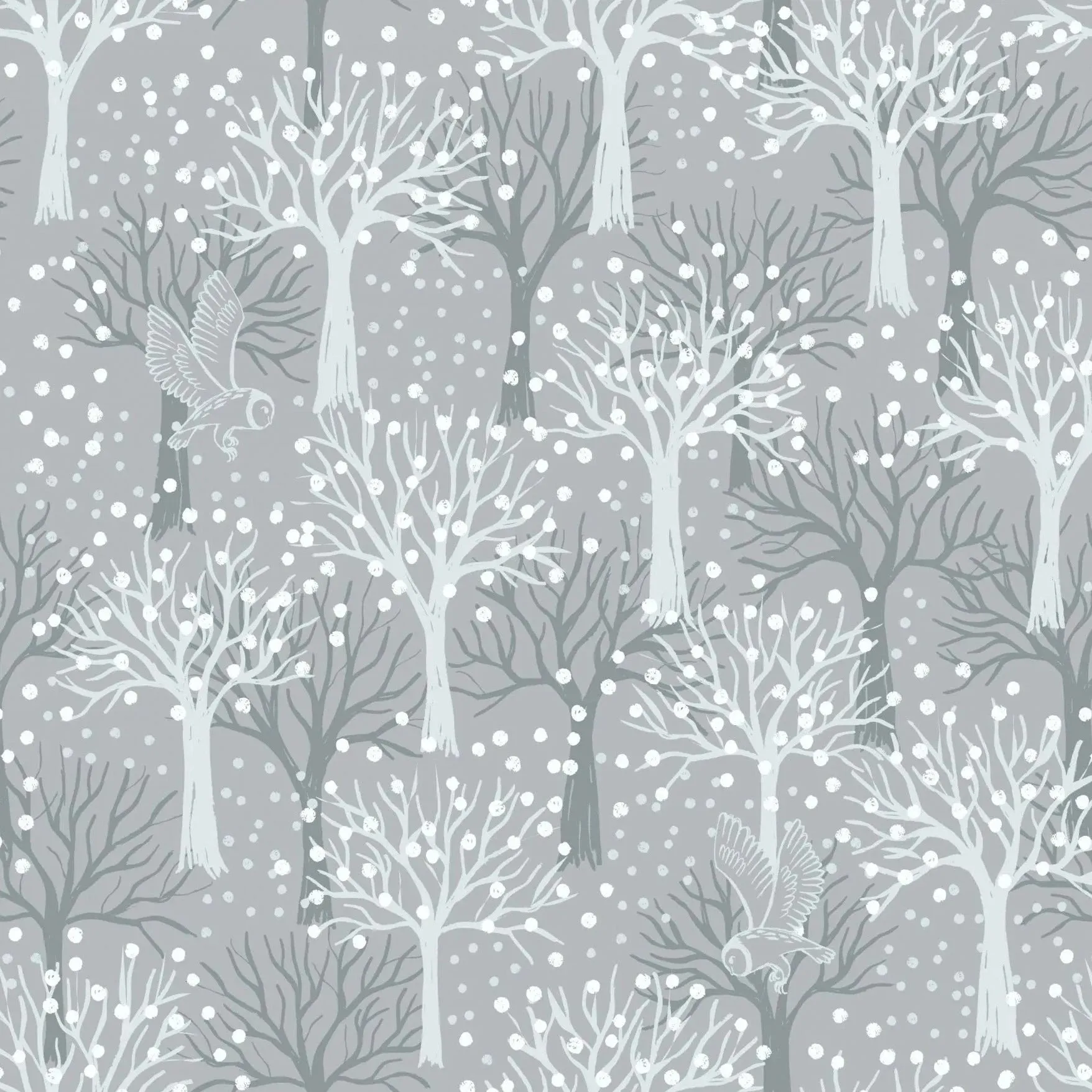 Lewis & Irene The Secret Winter Garden - Owl Orchard Light Grey (metallic)  - 100% Cotton Fabric