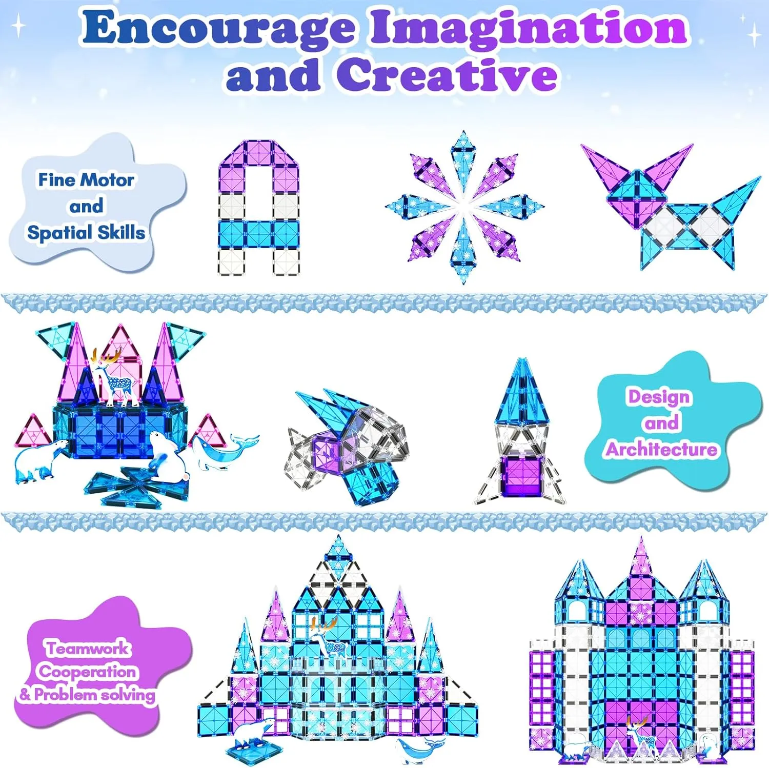 Magworld® Magnetic Tiles 54PCS with 4 Arctic Animals Frozen Toys for Girls Ages 3-5 4-7 6-8 Magnet Building Blocks Kids Games STEM Princess Toys Gifts for Kids