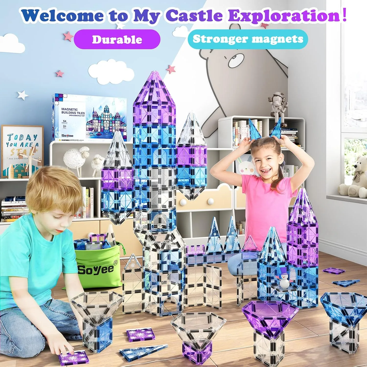 Magworld® Magnetic Tiles 54PCS with 4 Arctic Animals Frozen Toys for Girls Ages 3-5 4-7 6-8 Magnet Building Blocks Kids Games STEM Princess Toys Gifts for Kids