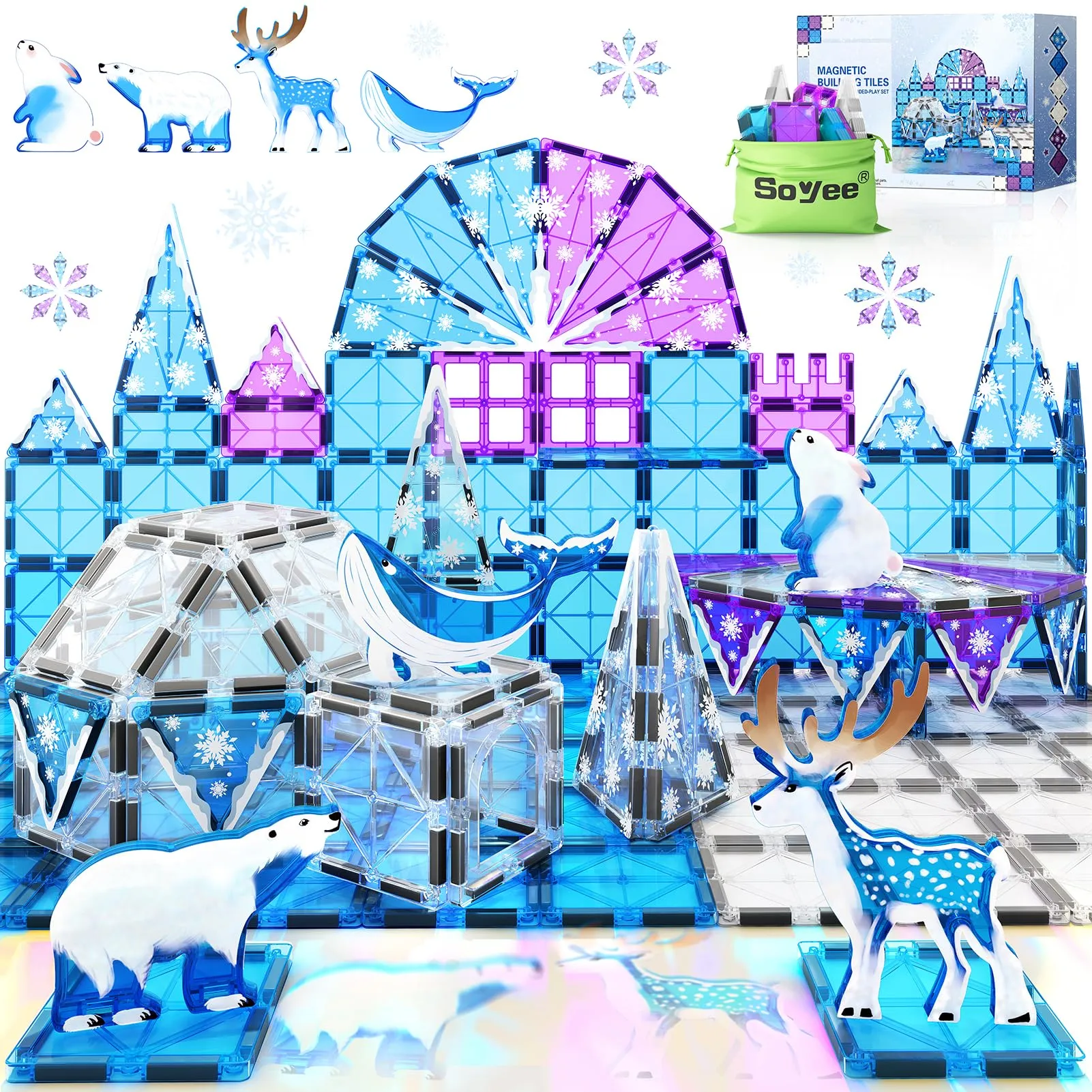 Magworld® Magnetic Tiles Arctic Animals Wintry Prints Winter Snow Toys for Ages 3-5 5-7 6-8 Magnet Building Blocks Kids Games Frozen Toys Gifts for 3 4 5 6 7 8   Years Old Girls Boys