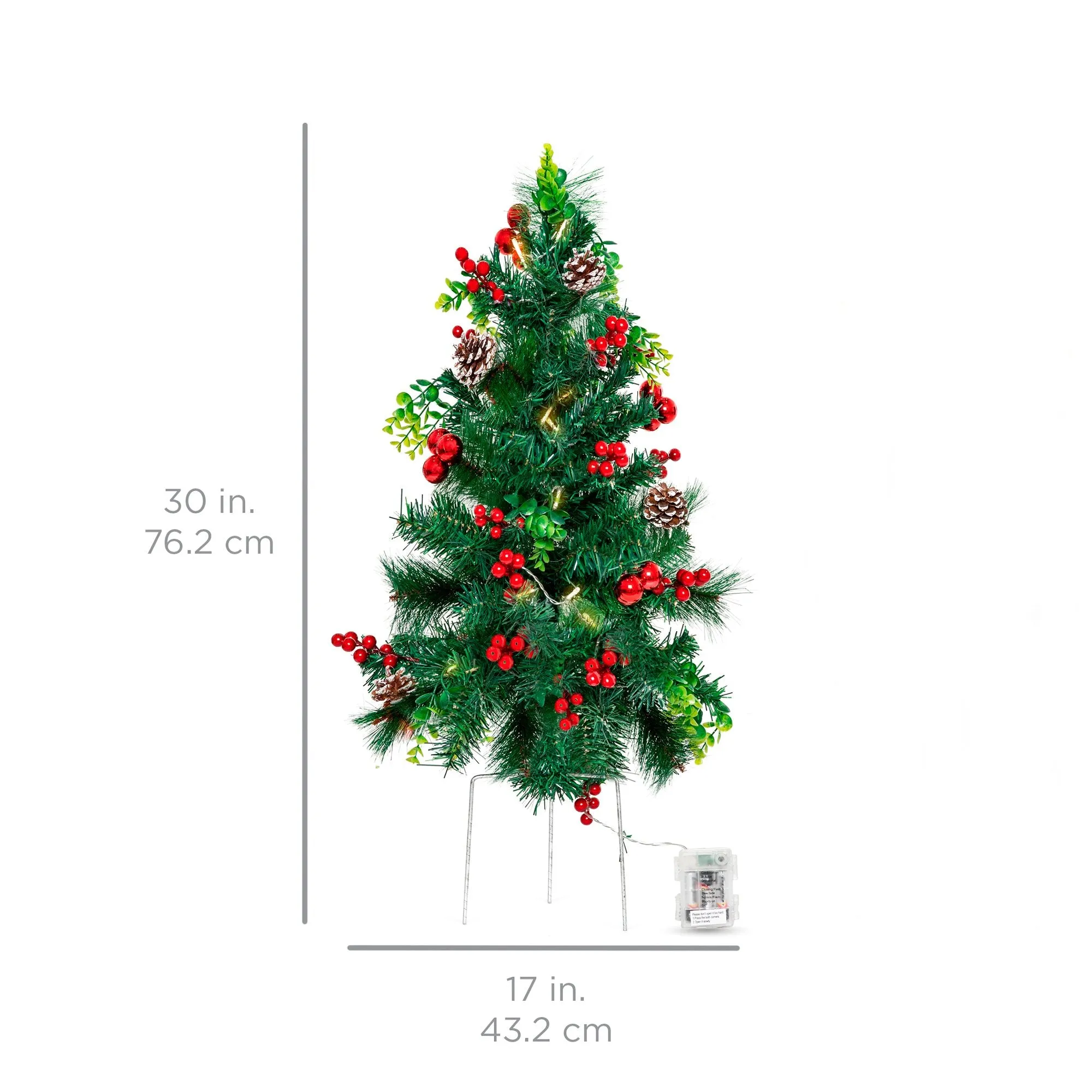 Set of 2 24.5in Pre-Lit Pathway Christmas Trees w/ Pine Cones, Ornaments