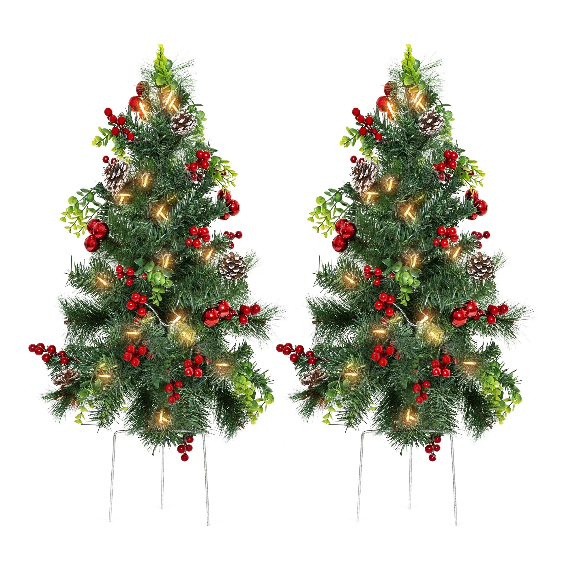 Set of 2 24.5in Pre-Lit Pathway Christmas Trees w/ Pine Cones, Ornaments