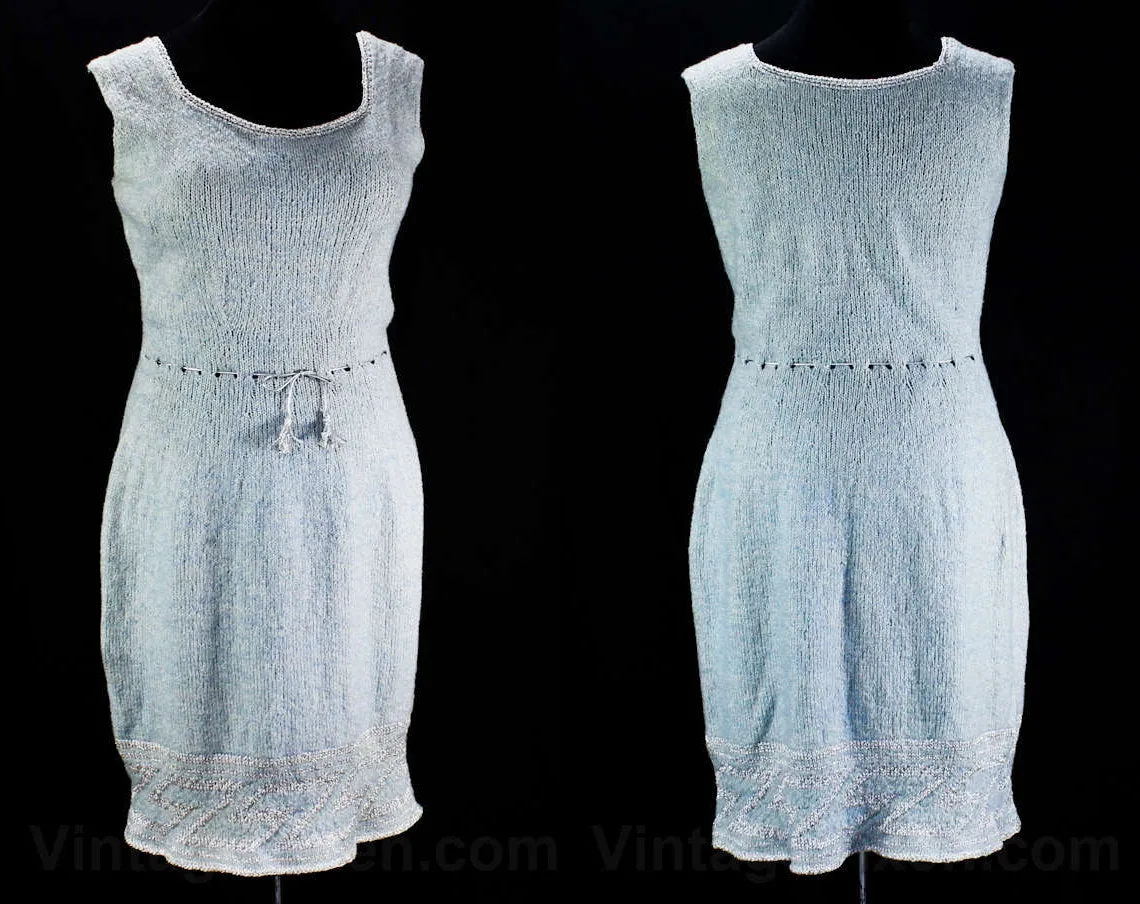 Size 14 Marilyn Style 1950s Dress - Wintry Blue & Metallic Silver Hand-Knit - Large Size 50s Pin Up Style Hourglass - Tassel Belt - Bust 41