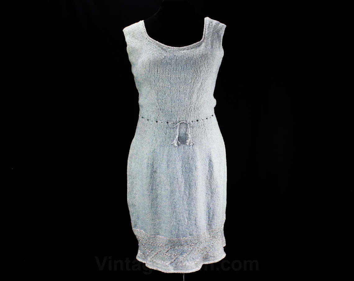 Size 14 Marilyn Style 1950s Dress - Wintry Blue & Metallic Silver Hand-Knit - Large Size 50s Pin Up Style Hourglass - Tassel Belt - Bust 41