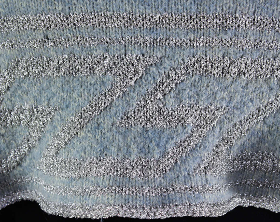 Size 14 Marilyn Style 1950s Dress - Wintry Blue & Metallic Silver Hand-Knit - Large Size 50s Pin Up Style Hourglass - Tassel Belt - Bust 41