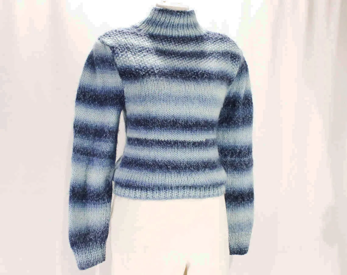 Size 4 Pullover - 1980s Hazy Blue Striped Sweater - Small Long Sleeved 80s Acrylic Knit Top - Spring & Fall Frosty Wintry Colors - Bust 33